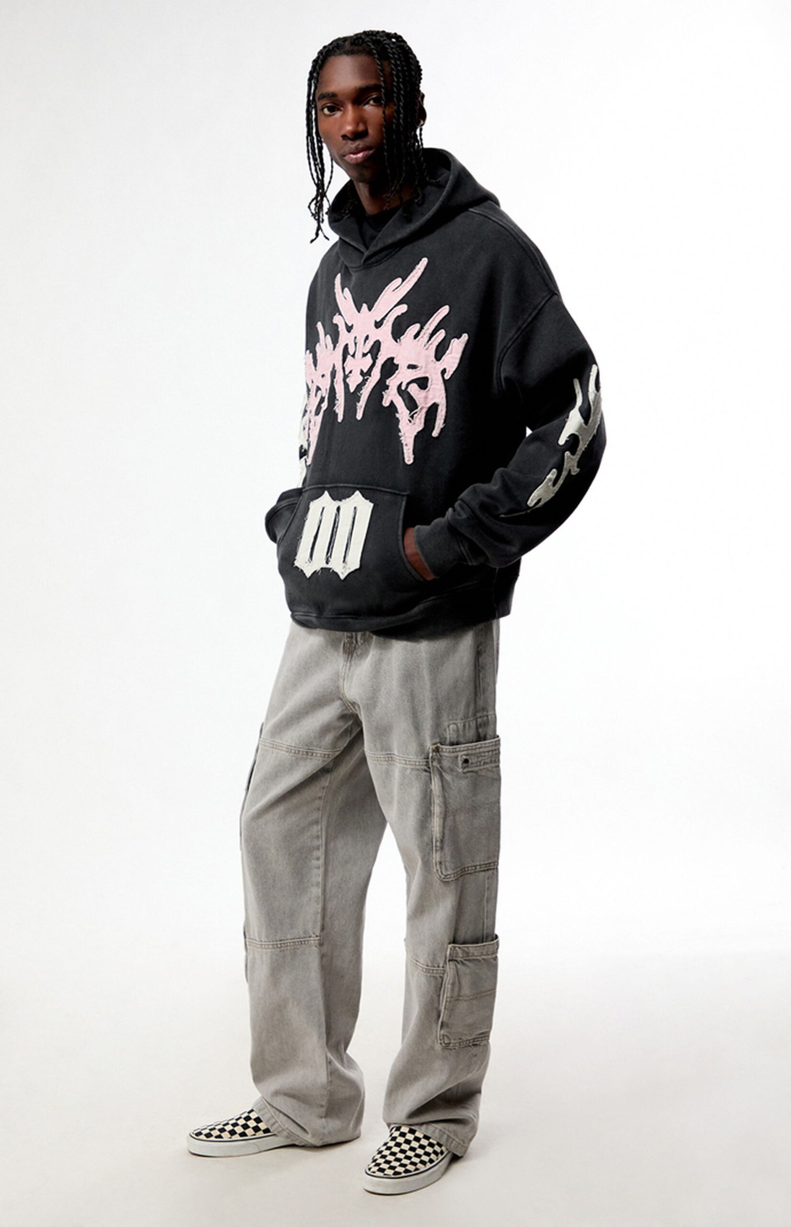 0193522800029NEW_04_001.jpg Men's Oversized Black Hoodie | Pink Distressed Appliqué Streetwear | Liberty Edge Industries - Image 1