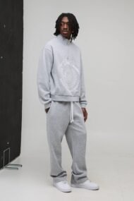 Les Hommes Quarter Zip Sweatshirt Grey Marl | Premium Oversized Embroidered Pullover
