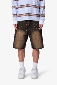 Liberty Edge Baggy Studded Denim Shorts – Vintage Washed Black Rhinestone Streetwear Shorts - Image 2