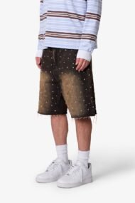 Liberty Edge Baggy Studded Denim Shorts – Vintage Washed Black Rhinestone Streetwear Shorts - Image 3