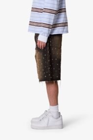 Liberty Edge Baggy Studded Denim Shorts – Vintage Washed Black Rhinestone Streetwear Shorts - Image 4