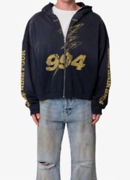 Washed Black Graphic Zip-Up Hoodie
