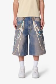 Liberty Edge Ultra Baggy Chain Print Denim Shorts – Light Blue Graphic Oversized Streetwear Shorts