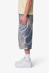 Liberty Edge Ultra Baggy Chain Print Denim Shorts – Light Blue Graphic Oversized Streetwear Shorts - Image 2