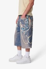 Liberty Edge Ultra Baggy Chain Print Denim Shorts – Light Blue Graphic Oversized Streetwear Shorts - Image 4