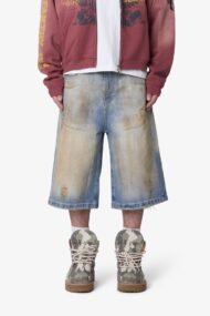 Liberty Edge Ultra Baggy Dirty Wash Denim Shorts – Washed Blue Oversized Vintage Streetwear Shorts - Image 2