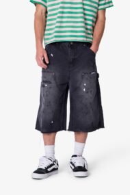 Liberty Edge Ultra Baggy Distressed Carpenter Denim Shorts – Washed Black Streetwear Cargo Shorts for Men
