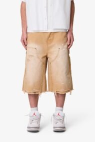 Liberty Edge Ultra Baggy Distressed Carpenter Shorts – Tan Vintage Wash Utility Streetwear Shorts - Image 2