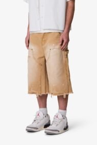 Liberty Edge Ultra Baggy Distressed Carpenter Shorts – Tan Vintage Wash Utility Streetwear Shorts - Image 3
