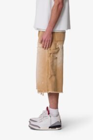 Liberty Edge Ultra Baggy Distressed Carpenter Shorts – Tan Vintage Wash Utility Streetwear Shorts - Image 4