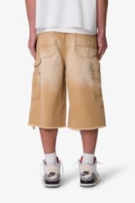 Liberty Edge Ultra Baggy Distressed Carpenter Shorts – Tan Vintage Wash Utility Streetwear Shorts - Image 5
