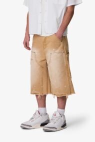 Liberty Edge Ultra Baggy Distressed Carpenter Shorts – Tan Vintage Wash Utility Streetwear Shorts - Image 6