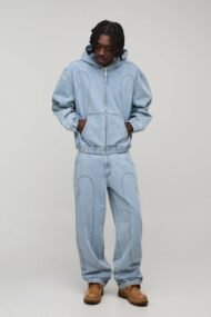 Men's Vintage Wash Denim Zip-Up Hoodie & Relaxed Fit Jeans Set