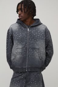 Grey Rhinestone Embellished Zip-Up Hoodie - Image 2