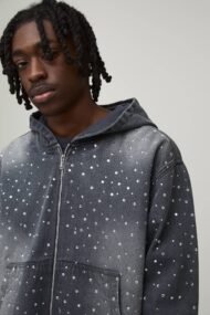 Grey Rhinestone Embellished Zip-Up Hoodie - Image 3
