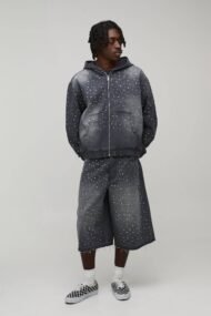 Grey Rhinestone Embellished Zip-Up Hoodie