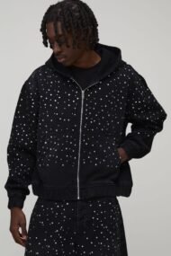 Washed Black Rhinestone Zip-Up Hoodie | Custom Streetwear - Image 2