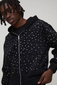 Washed Black Rhinestone Zip-Up Hoodie | Custom Streetwear