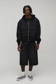 Washed Black Rhinestone Zip-Up Hoodie | Custom Streetwear - Image 3